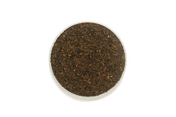 Top view of soft black tea in a bowl isolated on white background. Food and beverage industry concept. Copy space for text. For graphic design, 3D rendering and banners