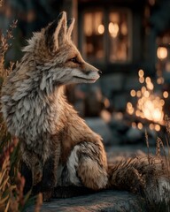 Obraz premium Small fox sitting next to campfire with spark particles, non-combat pet for RPG