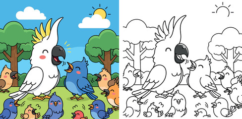 Cute cockatoo and blue bird singing together vector illustration. Happy white parrot talking to friends in nature. Funny avian mascot characters for kids, nursery, and spring design. © MstSangita