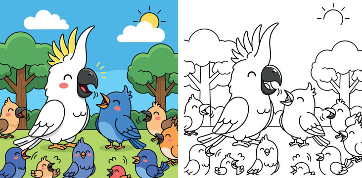 Cute cockatoo and blue bird singing together vector illustration. Happy white parrot talking to friends in nature. Funny avian mascot characters for kids, nursery, and spring design.