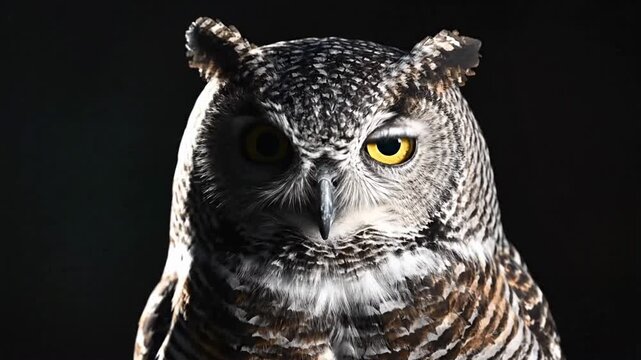 Owl perched in dark space shows striking features and bright eyes during an evening observation