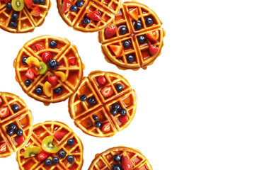 Fototapeta premium Top view of waffles with mixed fruits isolated on white background, conveying a bright breakfast concept