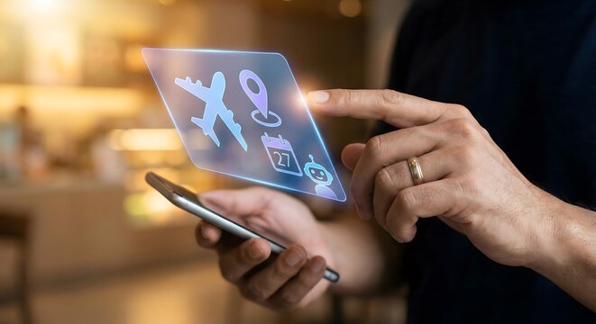 Person using smartphone to interact with futuristic travel planning interface with icons of airplane location calendar and bot