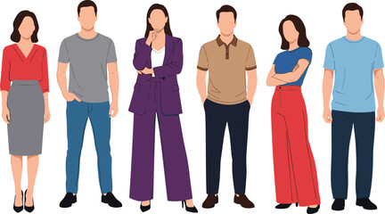 Fototapeta premium Flat vector illustration of diverse young professional men and women standing together in stylish casual business outfits, isolated on white