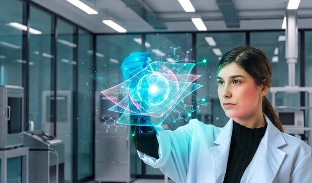 Biomedical researcher manipulating holographic molecular model in advanced laboratory