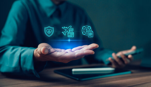 travel insurance icons with airplane, medical shield, and financial lifebuoy for trip protection concept, Business person hand holding virtual, cancellation coverage, secure journeys, travel planning