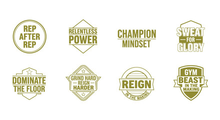 Obraz premium Eight motivational fitness emblems display inspirational workout phrases.