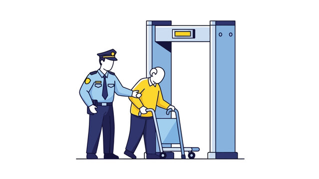 Security Officer Assisting Elderly Person Through Airport Body Scanner