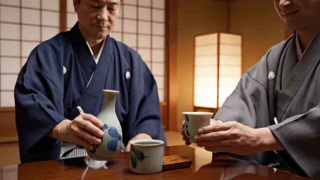 Two people pouring sake and drinking in a traditional Japanese teahouse during evening hours