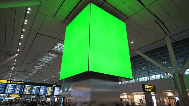 a billboard with a cube-shaped green screen at an airport