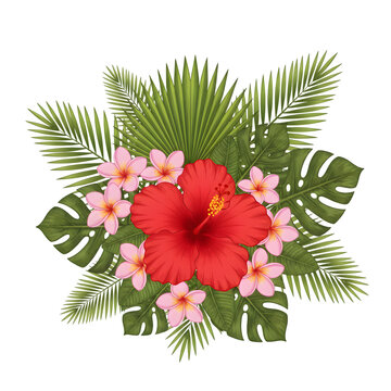 Tropical Floral Bouquet with Red Hibiscus and Palm Leaves