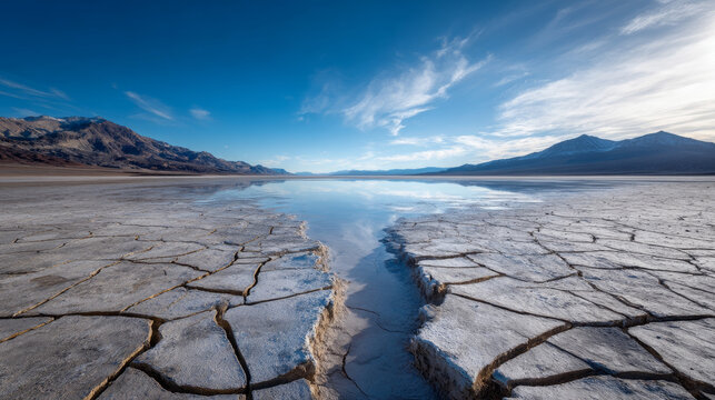 Lifeless lake surrounded by cracked salt flats. Water crisis and water shortage in summer during long drought is a global problem of drought on the planet.