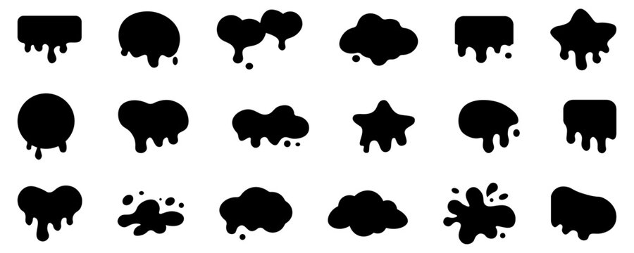 Various black shapes with dripping liquid isolated. Collection of abstract black blobs and shapes with drips. Set of speech bubbles.