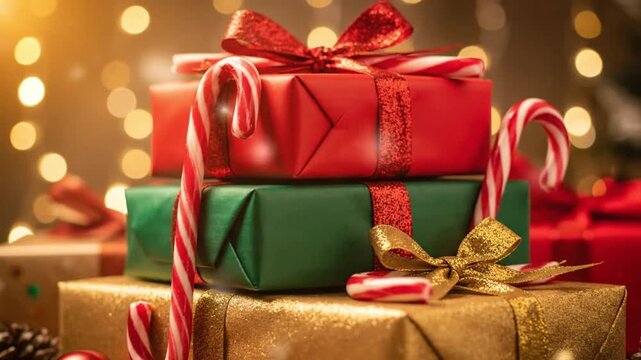 A beautifully stacked arrangement of festive holiday presents wrapped in vibrant red and deep green paper with glittering gold accents and traditional candy canes creates a warm Christmas scene.