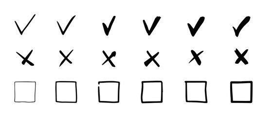 Naklejka na ściany i meble Check marks hand drawn doodle vector set. Handwriting charcoal pencil correct or incorrect symbols. Doodle vote strokes marks for check list items. 