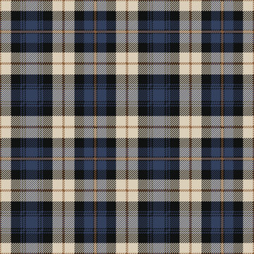 Navy blue, beige and brown tartan plaid. Scottish pattern fabric swatch close-up. 