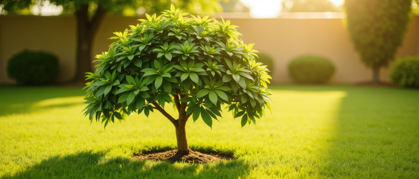Small green tree with dense foliage stands on vibrant grass in sunlit garden, creating peaceful and fresh outdoor atmosphere