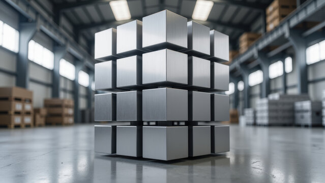 Metal cube industrial geometric modern silver warehouse architecture structure symmetry technology. Metal cubes arranged geometric pattern