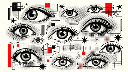 Retro surreal eye collage illustration with vintage newspaper halftone textures torn paper elements and bold red accents in expressive editorial pop art style