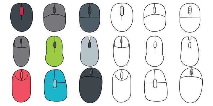 Hand-drawn cartoon and doodle set of wireless computer mouses on a white background.