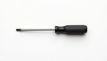 Top view of a slotted screwdriver with a chrome shaft and black plastic grip isolated on white.