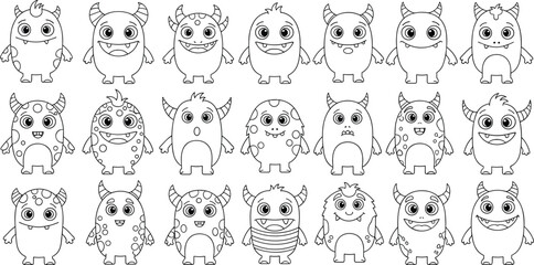 Obraz premium Set of cute cartoon monster characters line art coloring page for kids with various funny expressions and unique spotty patterns