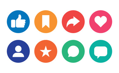 Fototapeta premium Colorful social media icons set with like, heart, comment, chat, user, star, share, and bookmark symbols. Modern flat design, ideal for web, mobile apps, and digital marketing concepts.