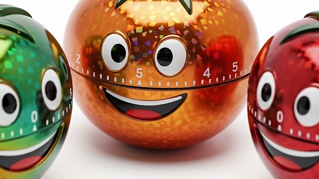 Two shiny fruit shaped kitchen timers with cartoonish faces on a white background
