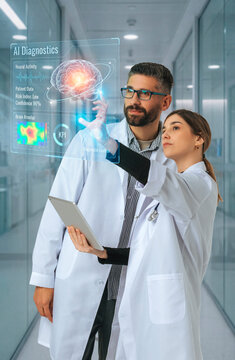 Medical doctors reviewing AI diagnostics brain scan interface in hospital corridor