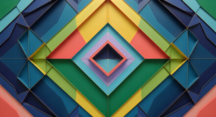 Geometric Abstract Background, Symmetrical Diamond Shapes, Layers of Vibrant Colors with Gold Accents