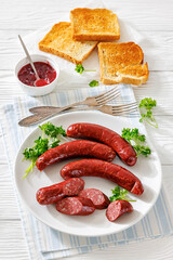 Smoked isterband sausages on a plate