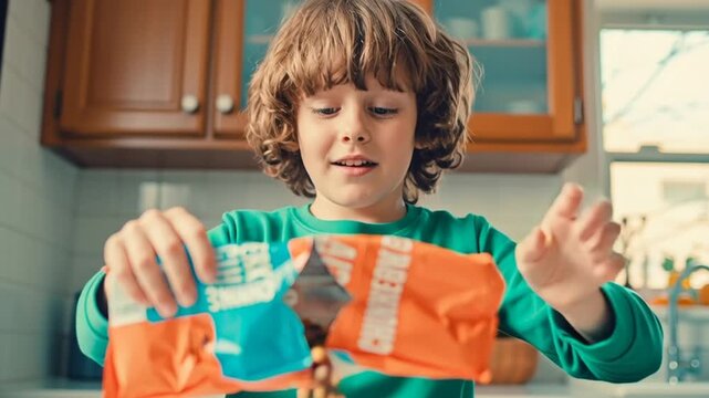 A young boy excitedly pouring Cheerios cereal from two orange and blue bags onto a kitchen counter