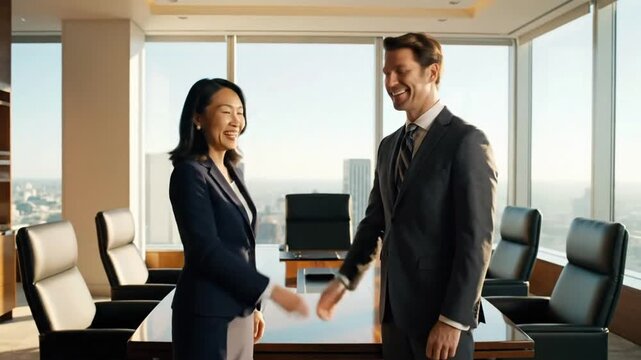 Business people shake hands in office setting during daytime meeting to finalize deal and build partnership