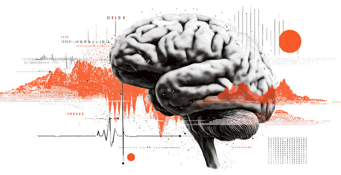 Futuristic brain neuroscience data halftone wave lines analytics abstract technology orange, isolated