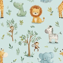 Fototapeta premium Cute cartoon jungle animals seamless pattern. Safari animals pattern with giraffes, elephants, and lions on a light blue background
