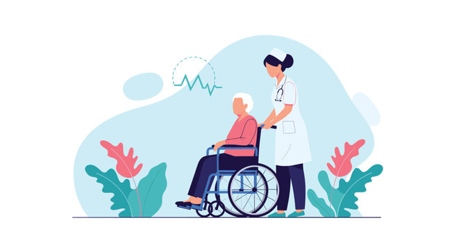 Caring medical nurse pushing an elderly patient in a wheelchair against a stylized light blue background with healthcare symbols.