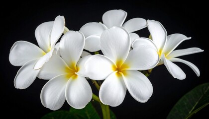 Fototapeta premium Close-up of beautiful white plumeria flowers with yellow centers against a dark background.