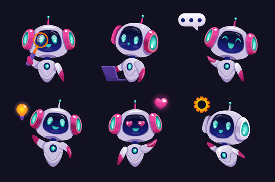 Ai robot. Happy bot. Search artificial intelligence in space. Cute chatbot service. Chat app. Tech toy for futuristic technology. Gpt network speech bubble. Vector tidy cartoon isolated elements set
