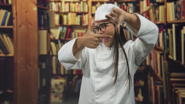 Woman chef in white uniform frames the view with hands and fingers in a library aisle, wearing glasses and chef hat while smiling and sticking tongue; playful creativity.