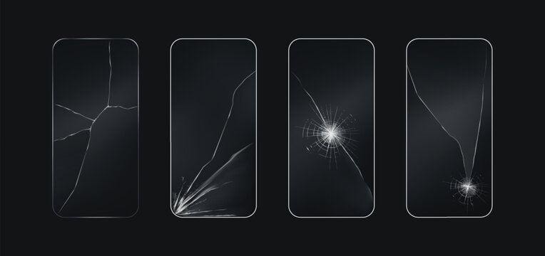 Broken glass phone. Cellular mobile. Realistic crack screen. Service smartphone. Fix plexiglass display. Repair electronic device. 3D telephone. Shattered touchscreen. Vector damaged cellphone set