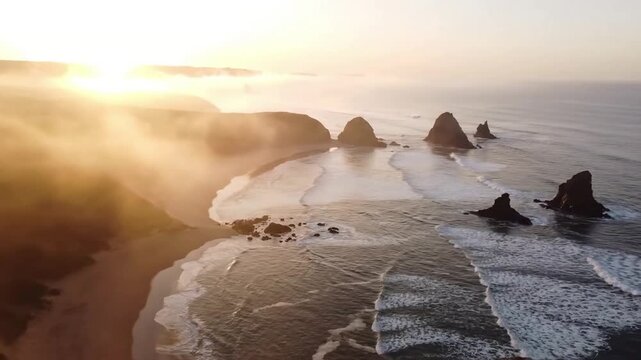 Misty Ocean Landscape Abstract Sweeping aerial of coastline dissolving in morning fog