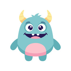 Fototapeta premium Cute Blue Monster with Horns and Pink Belly, Cartoon Character