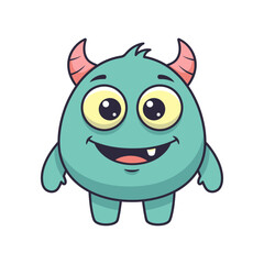 Fototapeta premium Cute Teal Monster with Horns, Big Eyes, and Friendly Smile - Cartoon Character