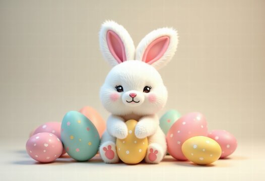 Easter bunny and polka-dotted eggs on a beige background