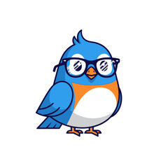 Fototapeta premium Cute cartoon blue bird with glasses, smart and friendly, vector illustration