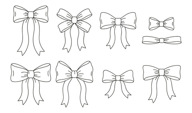 Ribbon bow outline icon set vector, decorative gift present knot elements isolated on transparent background