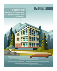 Fototapeta premium Architecture in nature. Summer mountain landscape. Real estate sell. Realtor advertising. Property purchase. Mansion sale or mortgage. Pier at lake water. Modern house. Vector promotion banner design