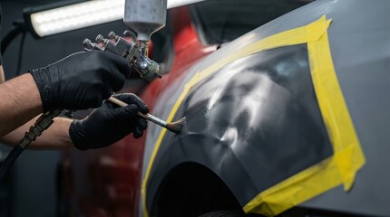 Close-up of Auto Body Repair Process with Primer and Masking Tape