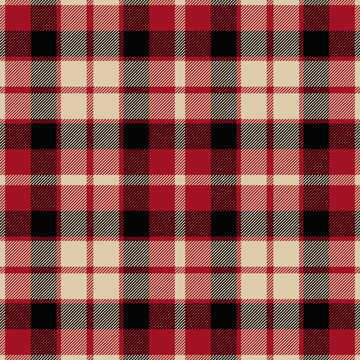 Red, beige and black tartan plaid. Scottish pattern fabric swatch close-up. 