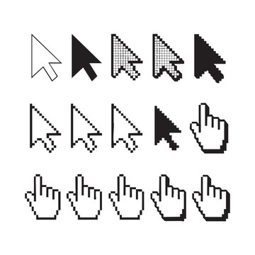 Pixelated computer mouse pointers and hand cursor in black and white